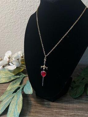 Gold and Silver  Sword Necklace with Red Heart Gem / renaissance / Fantasy